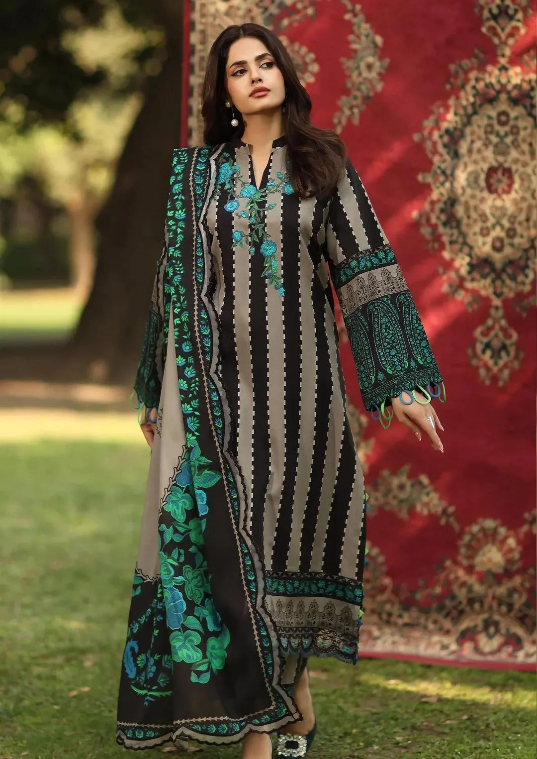 Pakistani Embroidered Kurti with Green & Beige Stripes