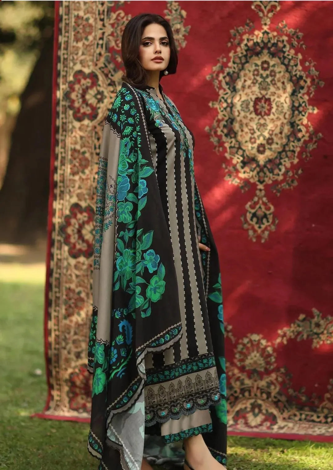 Pakistani Embroidered Kurti with Green & Beige Stripes
