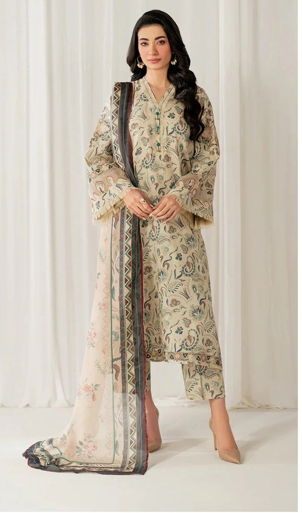 Off White Printed Embroidered Lawn 3 Piece Suit for Women with Printed Dupatta