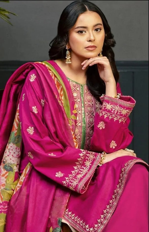 Pink Embroidered 3-Piece Dhanak Suit for Women