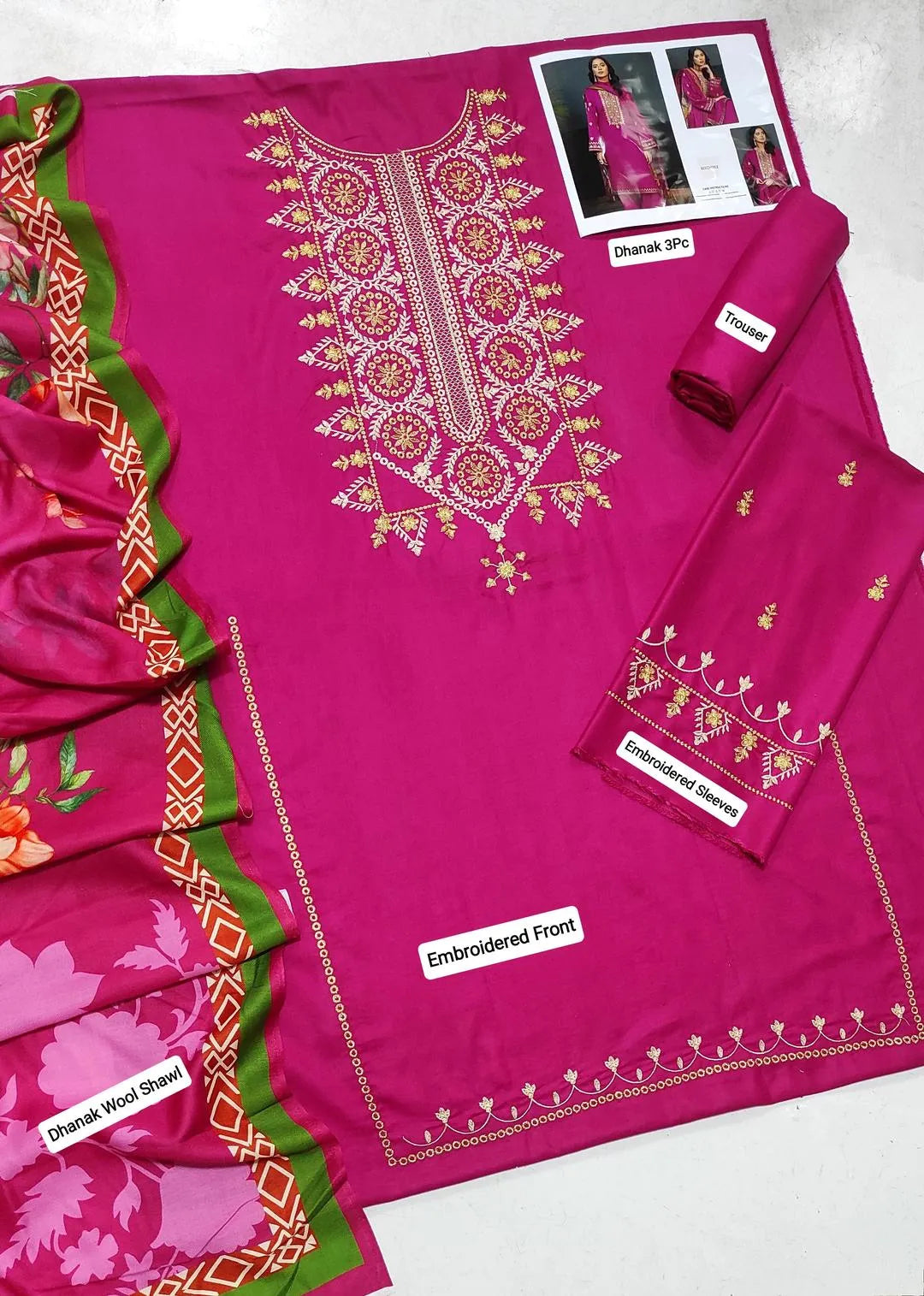 Pink Embroidered 3-Piece Dhanak Suit for Women