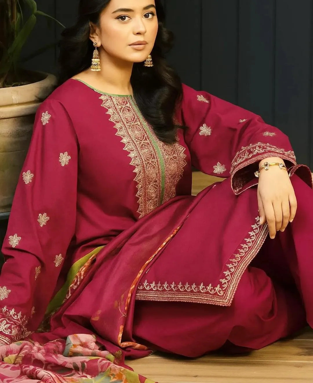 Pink Embroidered 3-Piece Dhanak Suit for Women