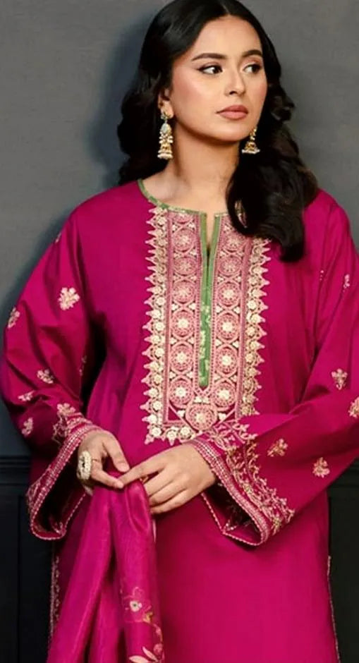 Pink Embroidered 3-Piece Dhanak Suit for Women