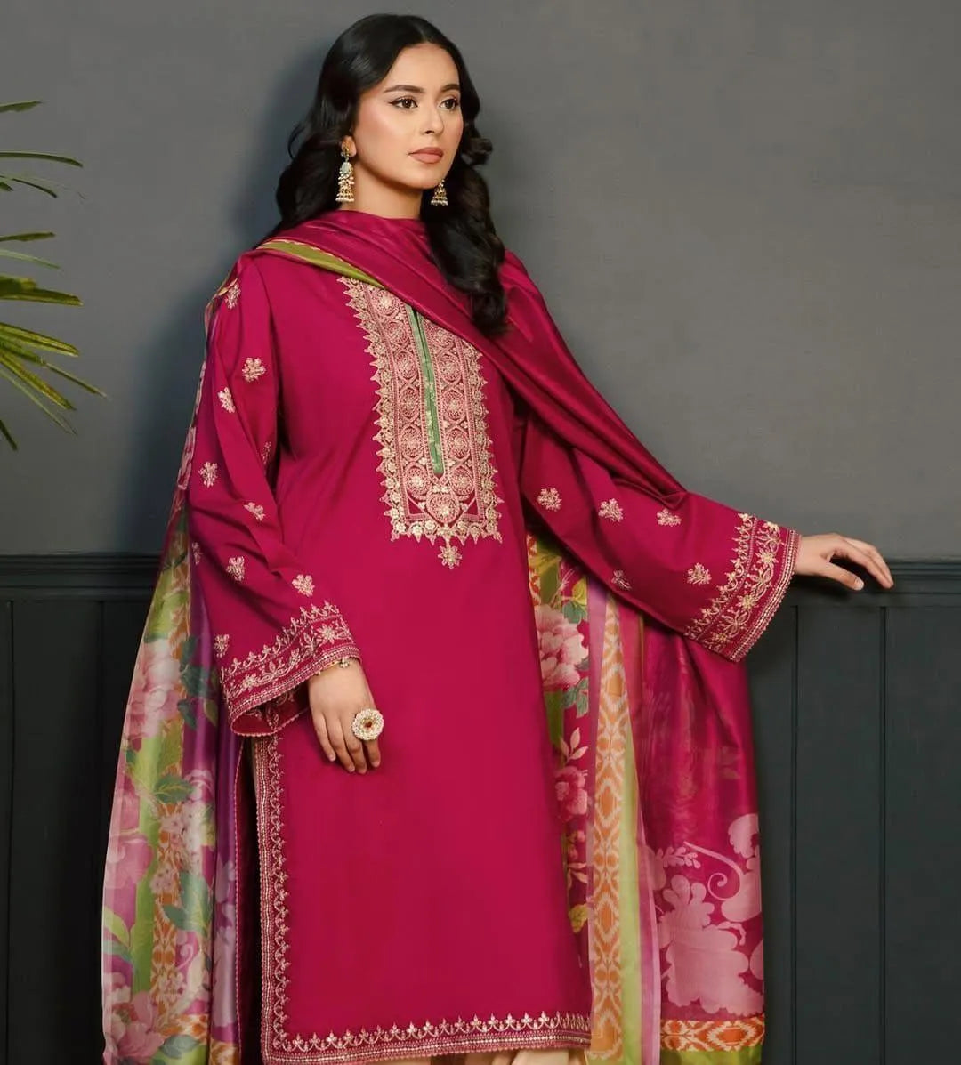 Pink Embroidered 3-Piece Dhanak Suit for Women
