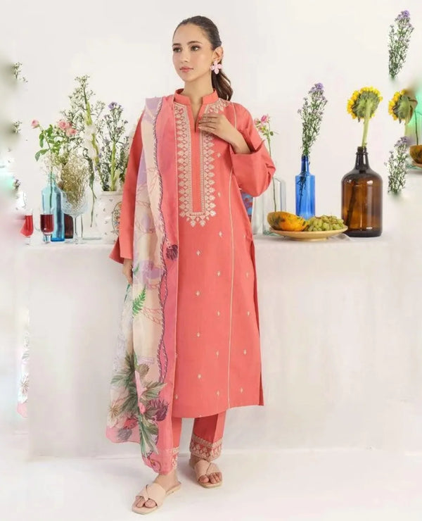 Pink Embroidered 3-Piece Dhanak Suit with Digital Print Wool Dupatta