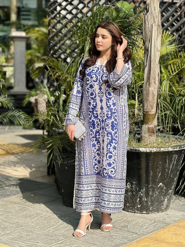 Long Printed 2 Piece Doria Lawn Suit for Women | Blue White Stitched Summer Dress