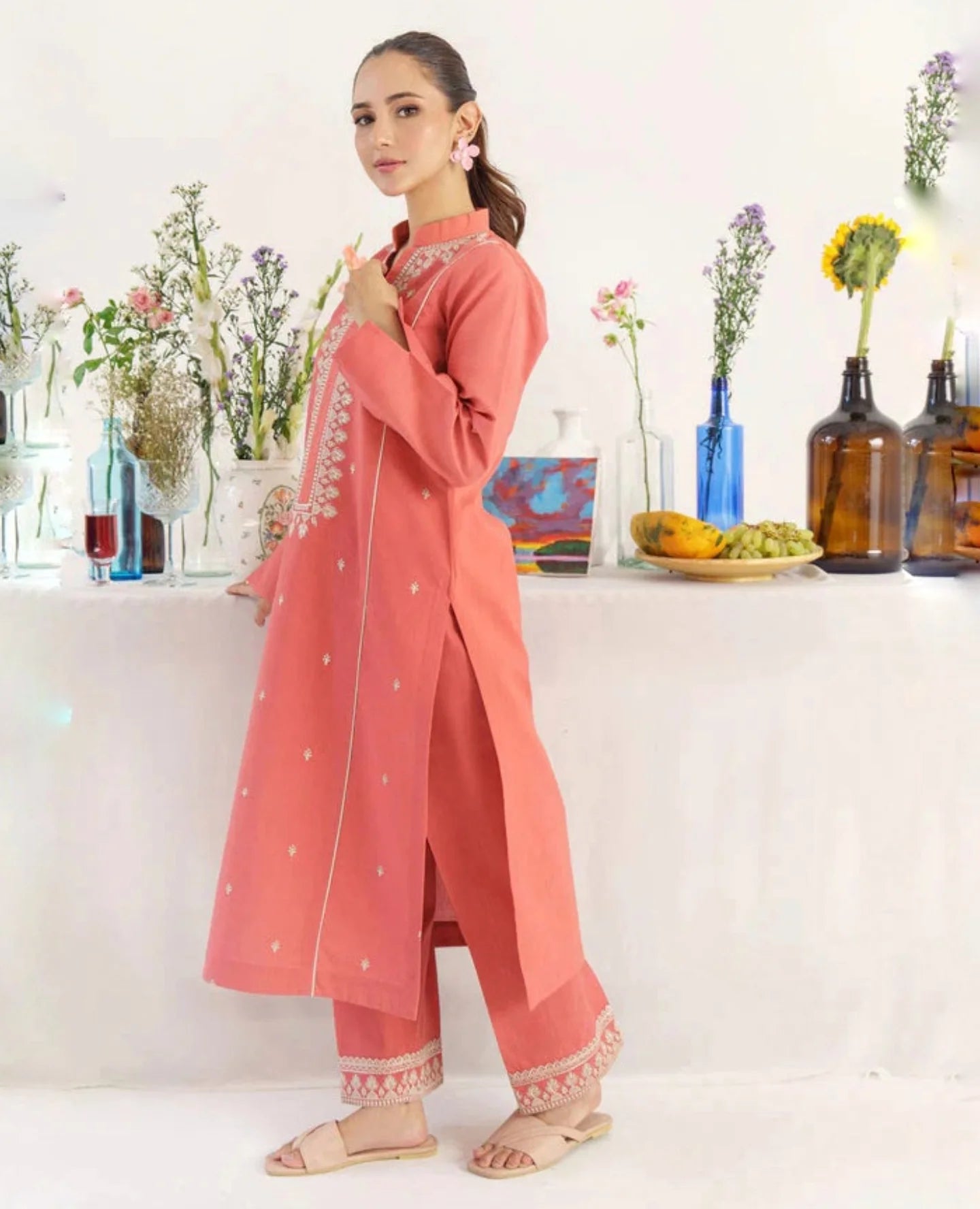 Pink Embroidered 3-Piece Dhanak Suit with Digital Print Wool Dupatta