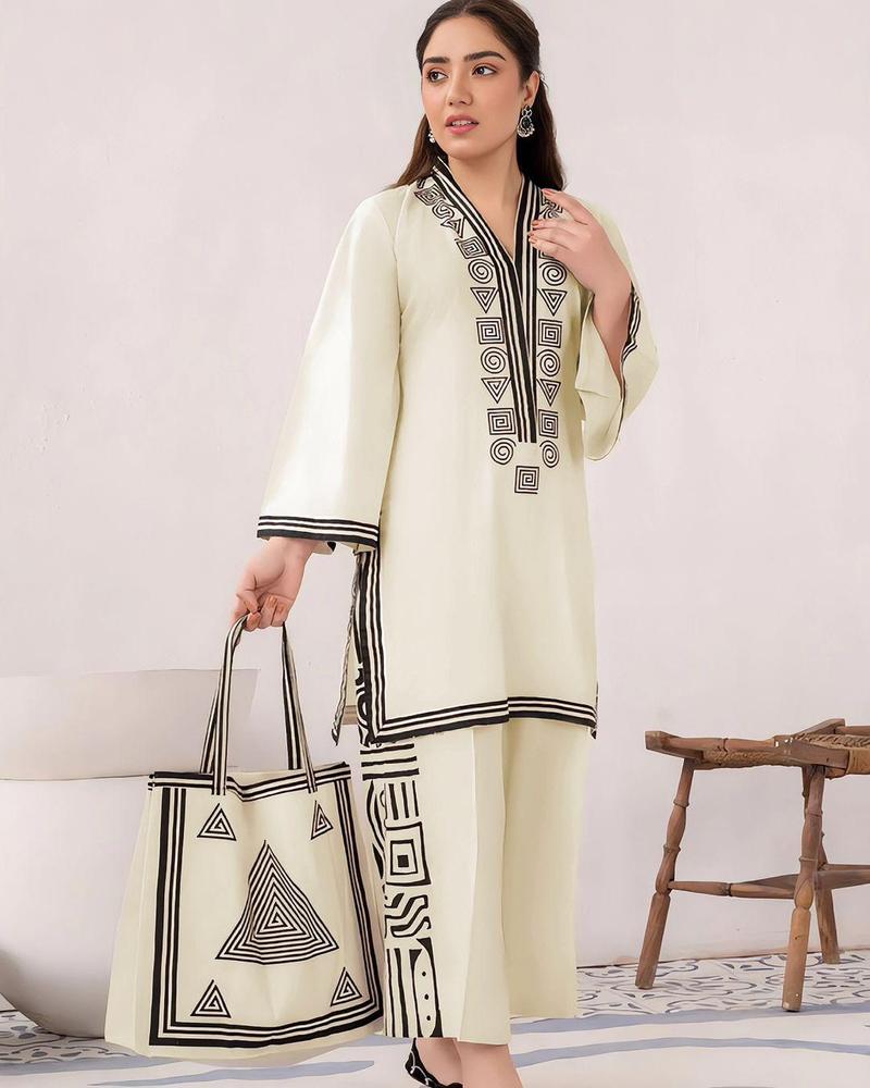 Linen Printed Shirt & Trouser Set for Women – Stitched 2 Piece Ready-to-Wear Suit