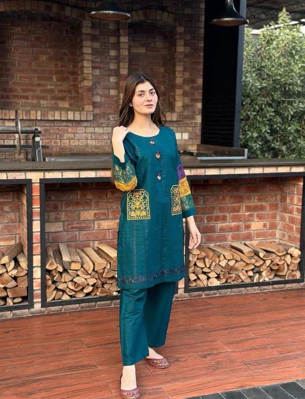 Blue Chikankari Embroidered Cotton Shirt & Trouser Set for Women – 2 Piece Stitched Suit