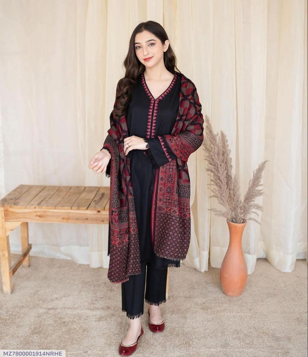 Black Embroidered Pashmina 3-Piece Suit for Women