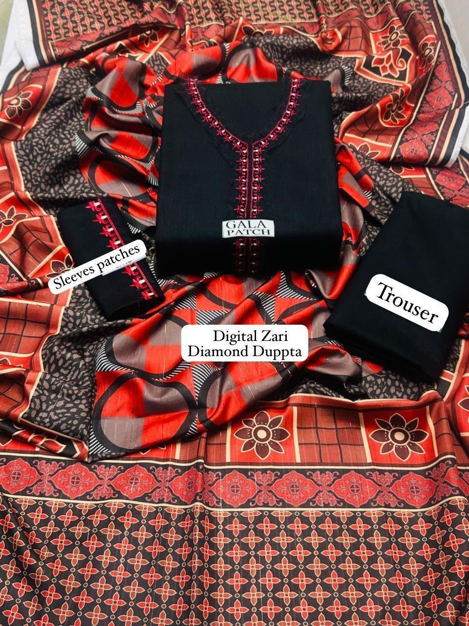 Black Embroidered Pashmina 3-Piece Suit for Women