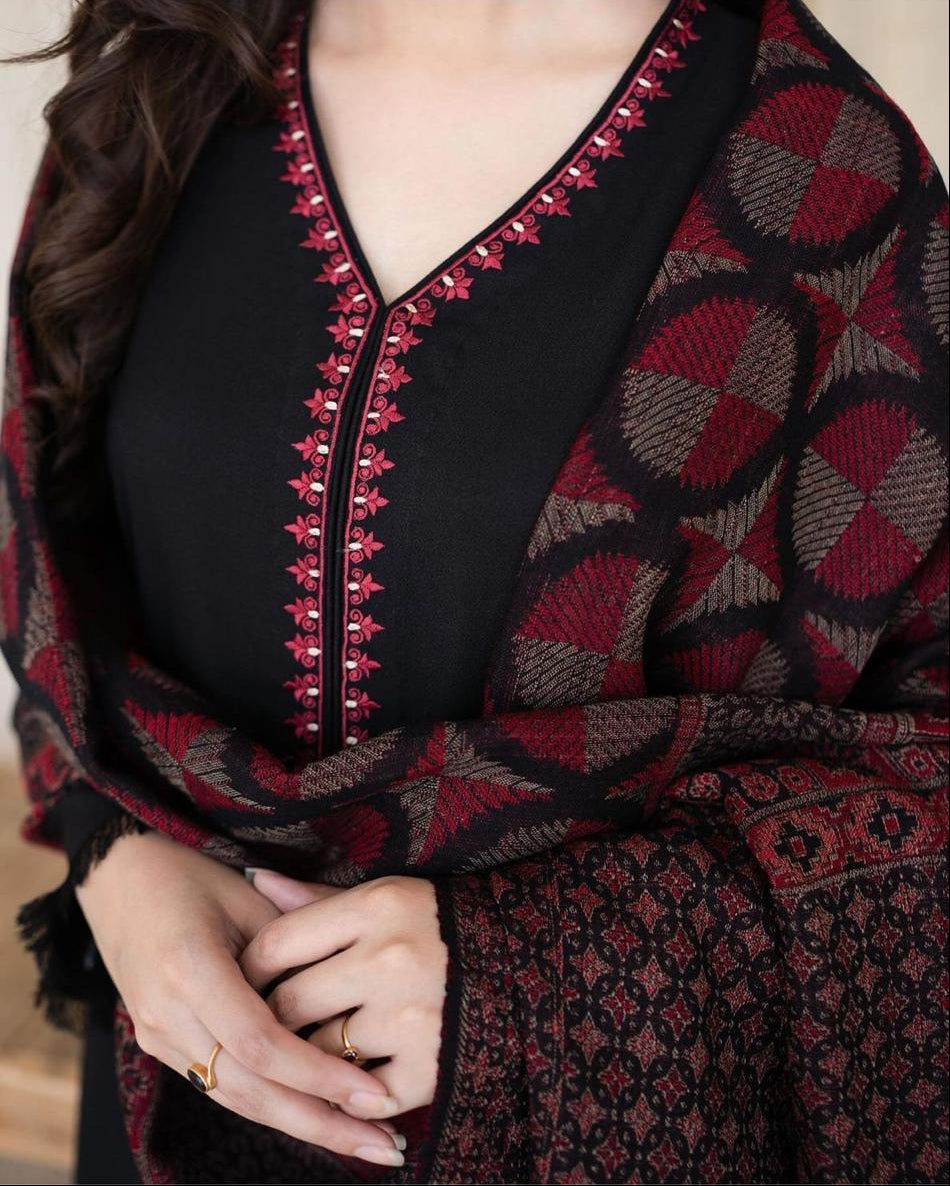 Black Embroidered Pashmina 3-Piece Suit for Women