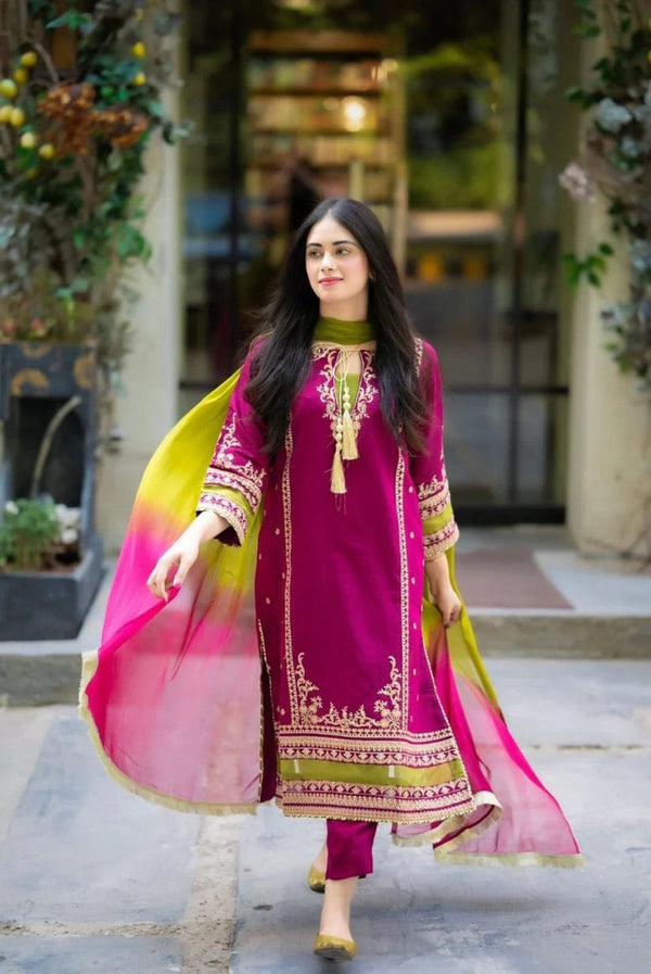 Pink Embroidered Lawn 3 Piece Anarkali Suit with Gota Work Dupatta for Women