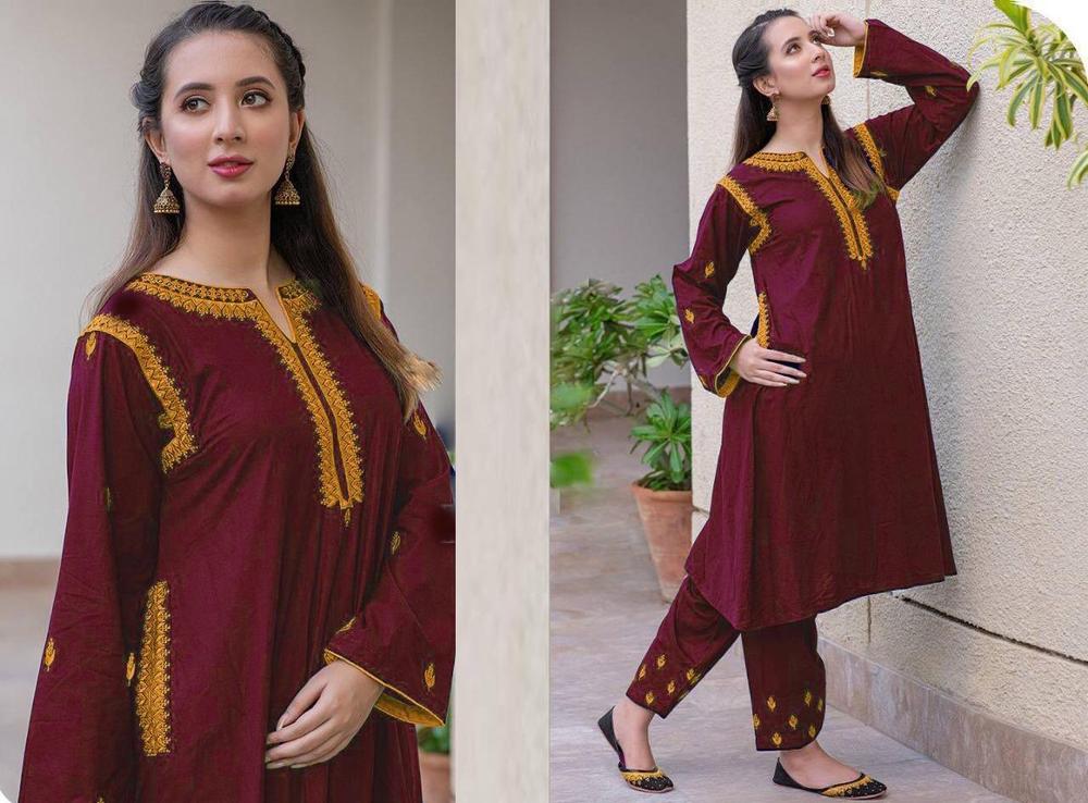 Women Linen Embroidered Shirt Trouser Set – Medium Size 2 Piece Stitched Suit