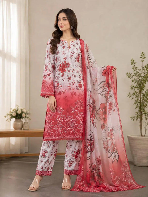 Premium Red Printed Lawn 3 Piece Unstitched Suit with Embroidered Daman for Women