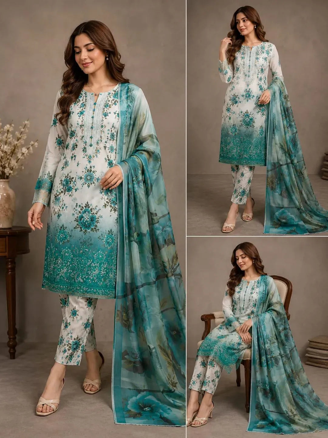 Women's 3Pcs Printed Lawn Suit Set Green