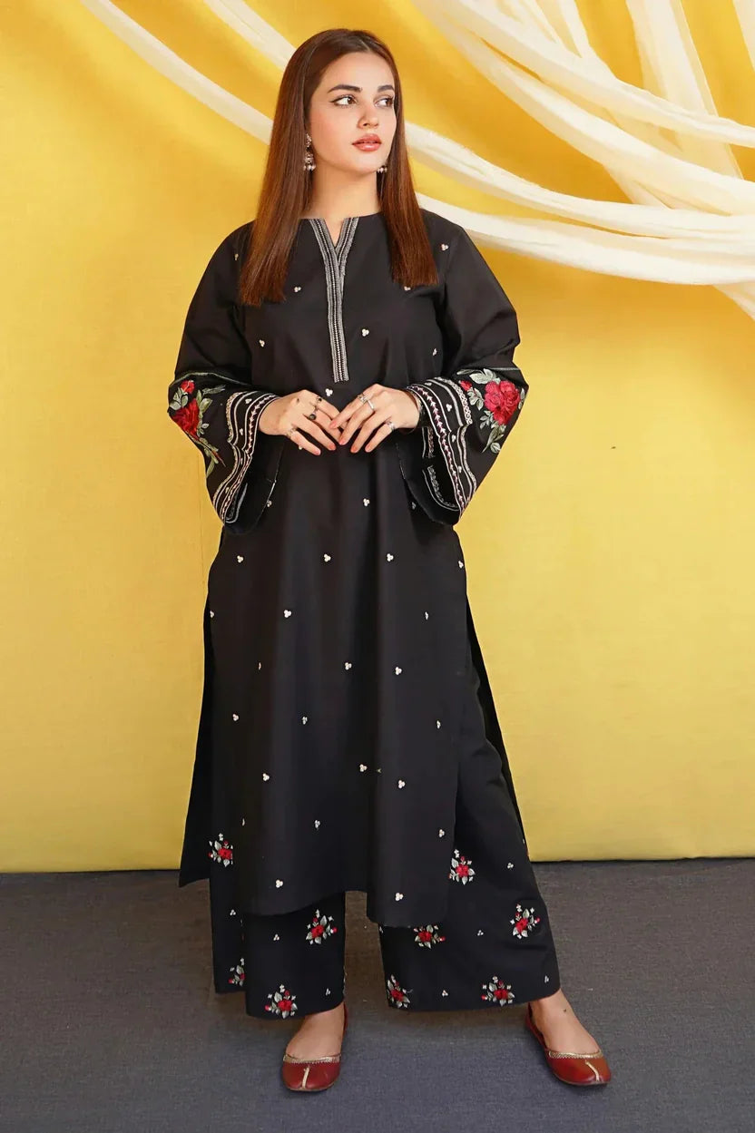 Black Embroidered Women's 2-Piece Dhanak Suit