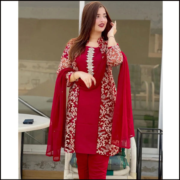 Premium Embroidered 4 Piece Shamoz Silk Gown Suit Set for Women – Wedding & Party Wear