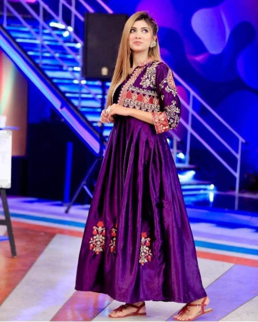 3 Pcs Women's Stitched Fancy Katan Silk Embroidered Maxi