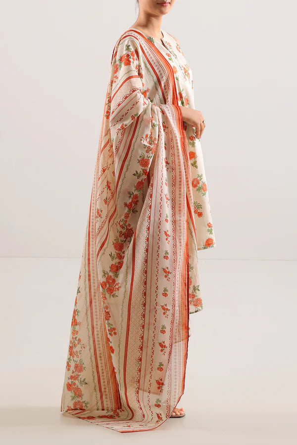 Off White Orange Floral Printed Lawn 3 Piece Unstitched Suit for Women – Eid Summer Collection