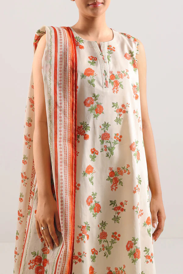 Off White Orange Floral Printed Lawn 3 Piece Unstitched Suit for Women – Eid Summer Collection