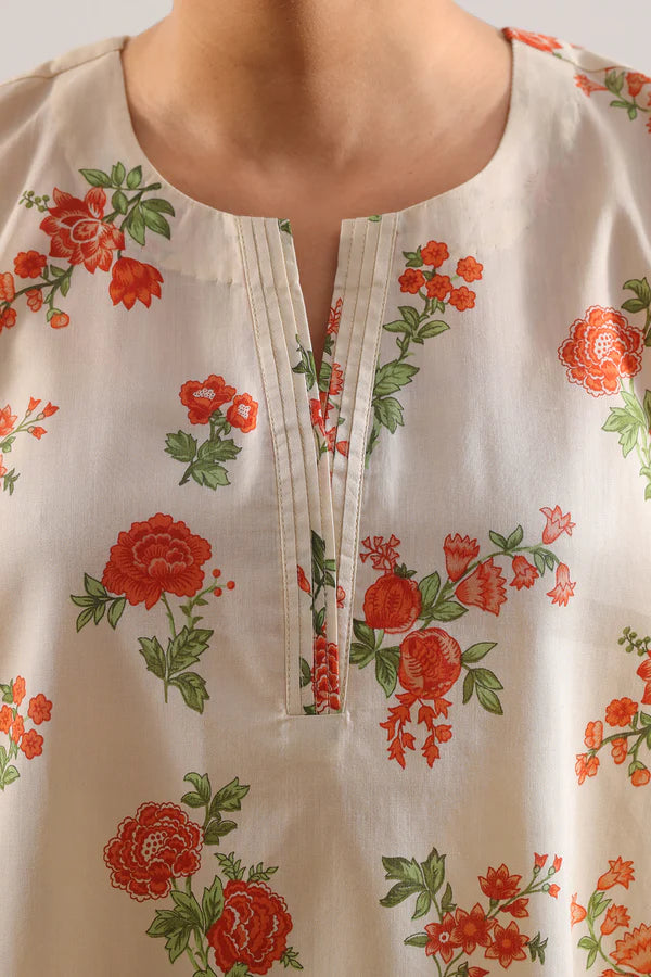 Off White Orange Floral Printed Lawn 3 Piece Unstitched Suit for Women – Eid Summer Collection