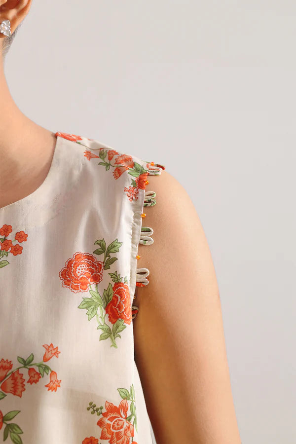Off White Orange Floral Printed Lawn 3 Piece Unstitched Suit for Women – Eid Summer Collection