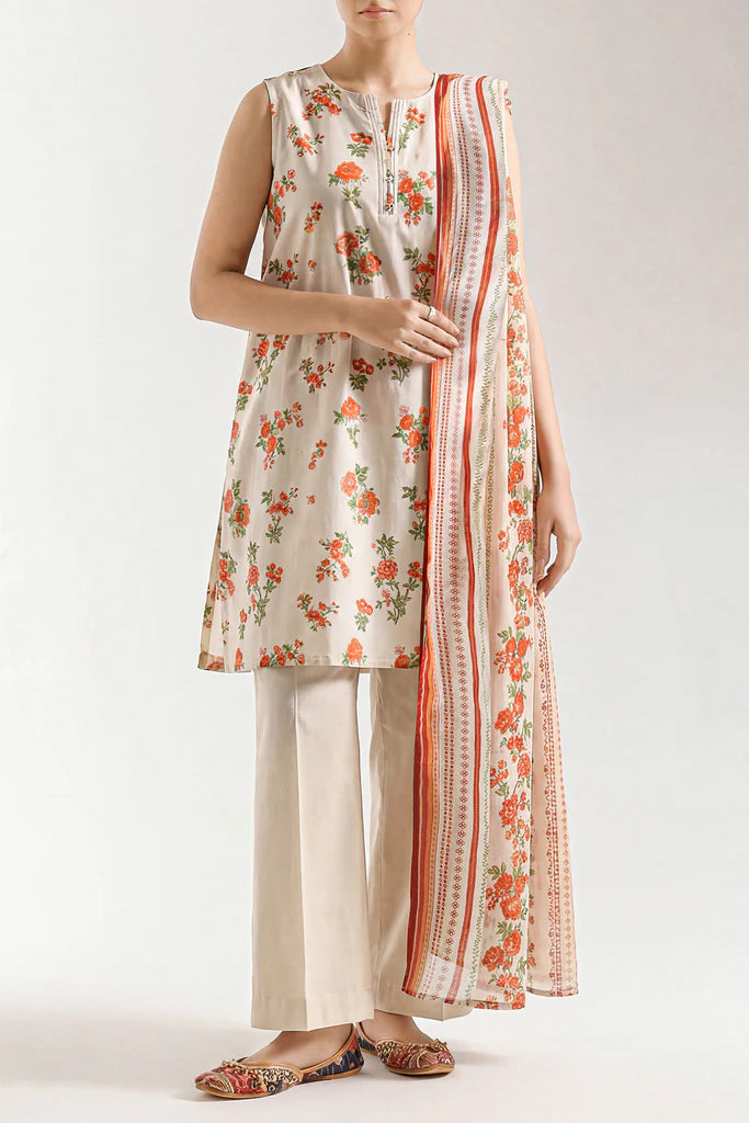 Off White Orange Floral Printed Lawn 3 Piece Unstitched Suit for Women – Eid Summer Collection