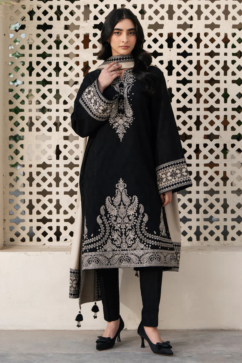 Black Embroidered Kurta Set with Beige Shawl for Women