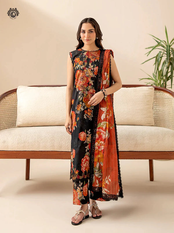 Black Orange Floral Digital Printed Lawn 3 Piece Unstitched Suit for Women