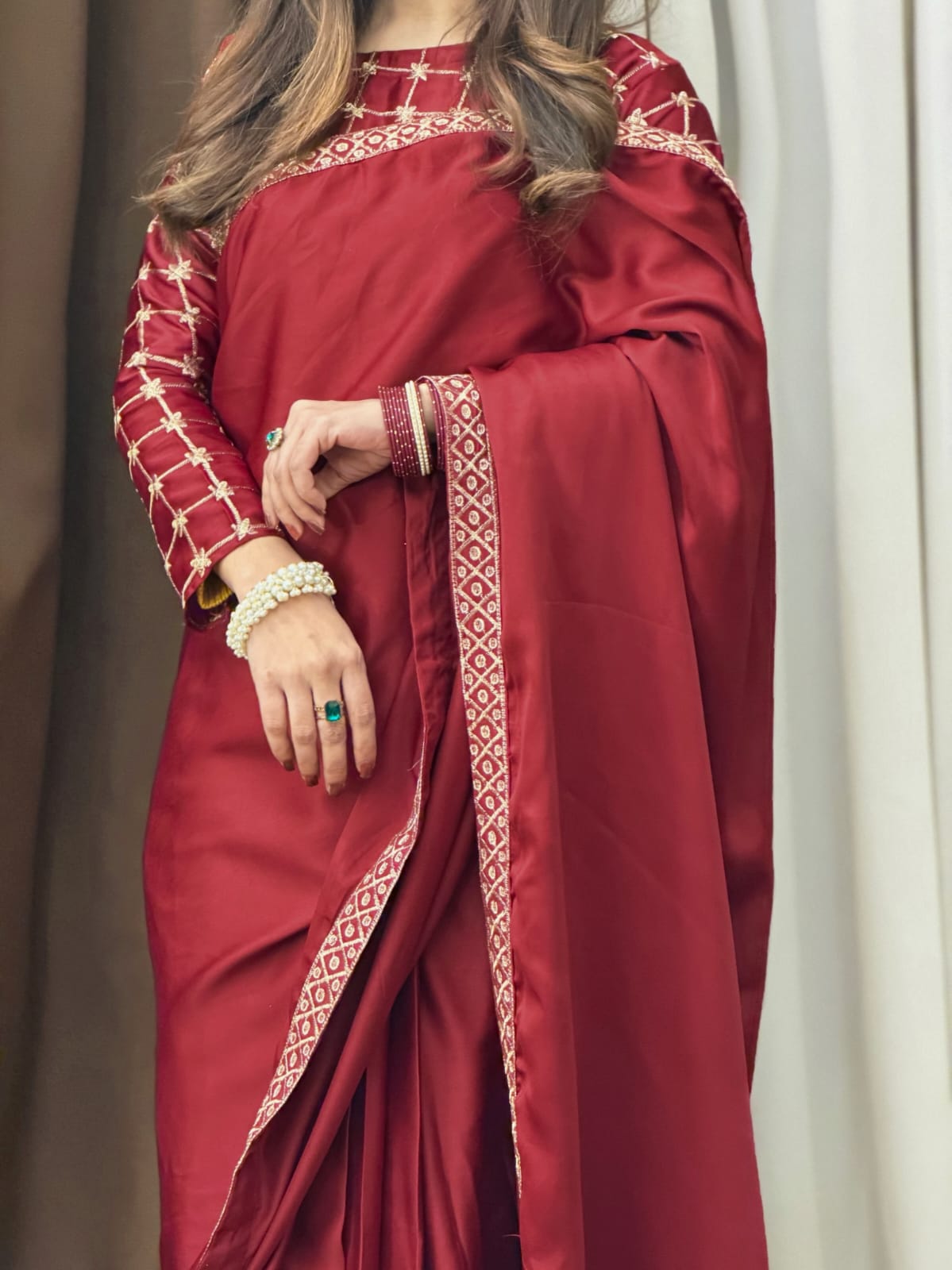 Maroon Shamoz Silk Saree Set for Women