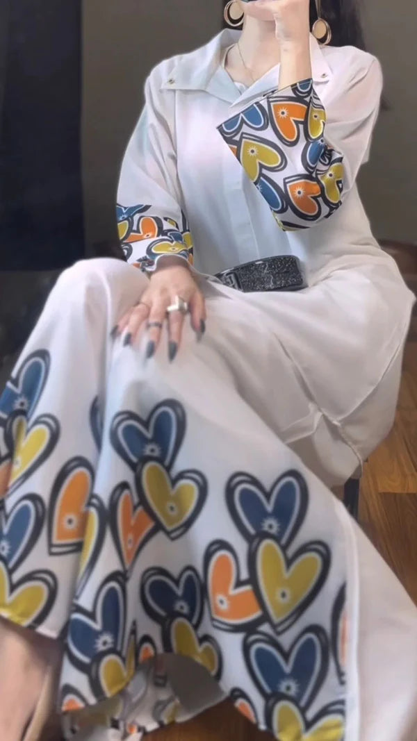 White Heart Print Grip 2-Piece Suit Set for Women | Stitched Shirt & Trouser
