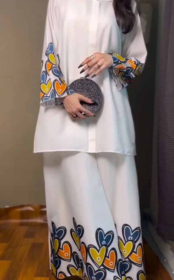 White Heart Print Grip 2-Piece Suit Set for Women | Stitched Shirt & Trouser