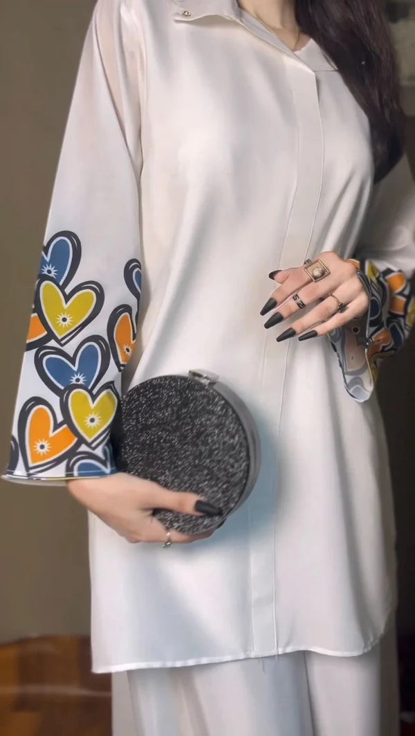 White Heart Print Grip 2-Piece Suit Set for Women | Stitched Shirt & Trouser