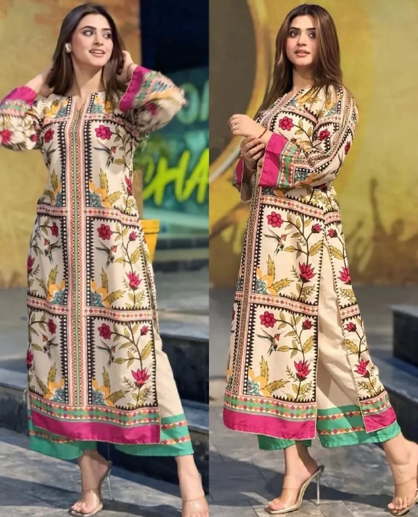 Printed Floral Swiss Lawn 2-Piece Suit for Women – White Long Shirt & Trouser Set