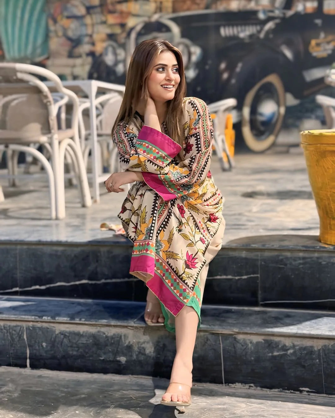 Printed Floral Swiss Lawn 2-Piece Suit for Women – White Long Shirt & Trouser Set