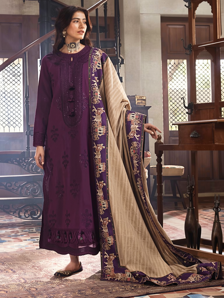 Premium Purple Embroidered Lawn 3 Piece Unstitched Suit with Digital Printed Diamond Dupatta for Women