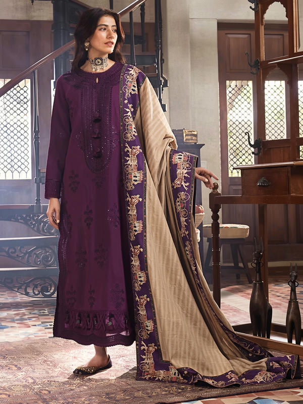 Premium Purple Embroidered Lawn 3 Piece Unstitched Suit with Digital Printed Diamond Dupatta for Women