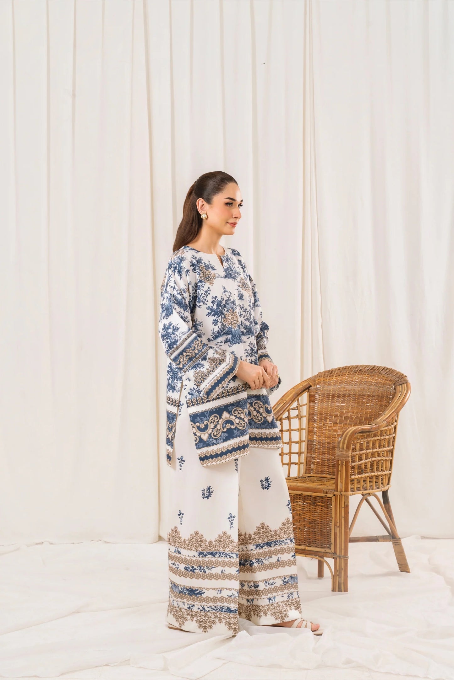White Digital Printed Doria Lawn 2-Piece Co-Ord Set for Women | Ready-to-Wear Summer Outfit