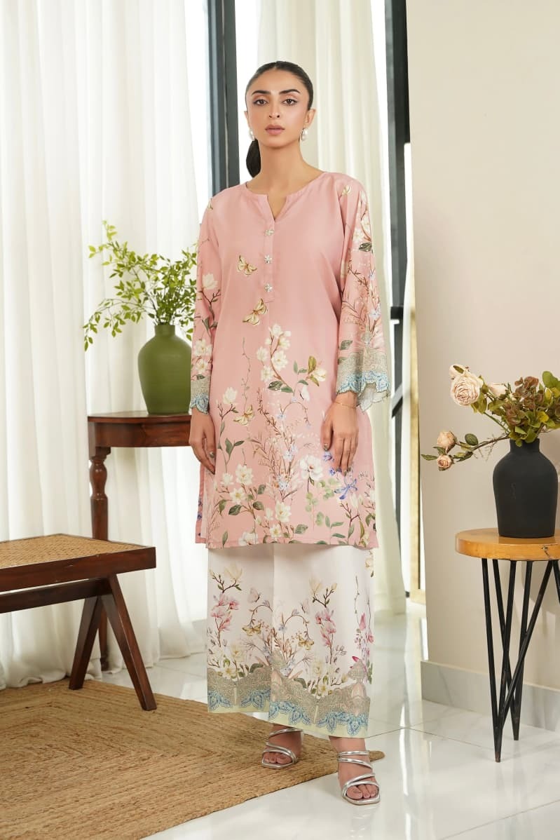 Pink Digital Printed Doria Lawn 2-Piece Co-Ord Set for Women | Ready-to-Wear Summer Outfit