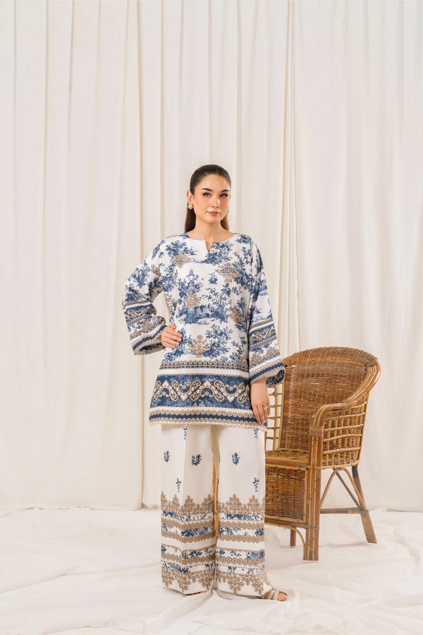 White Digital Printed Doria Lawn 2-Piece Co-Ord Set for Women | Ready-to-Wear Summer Outfit