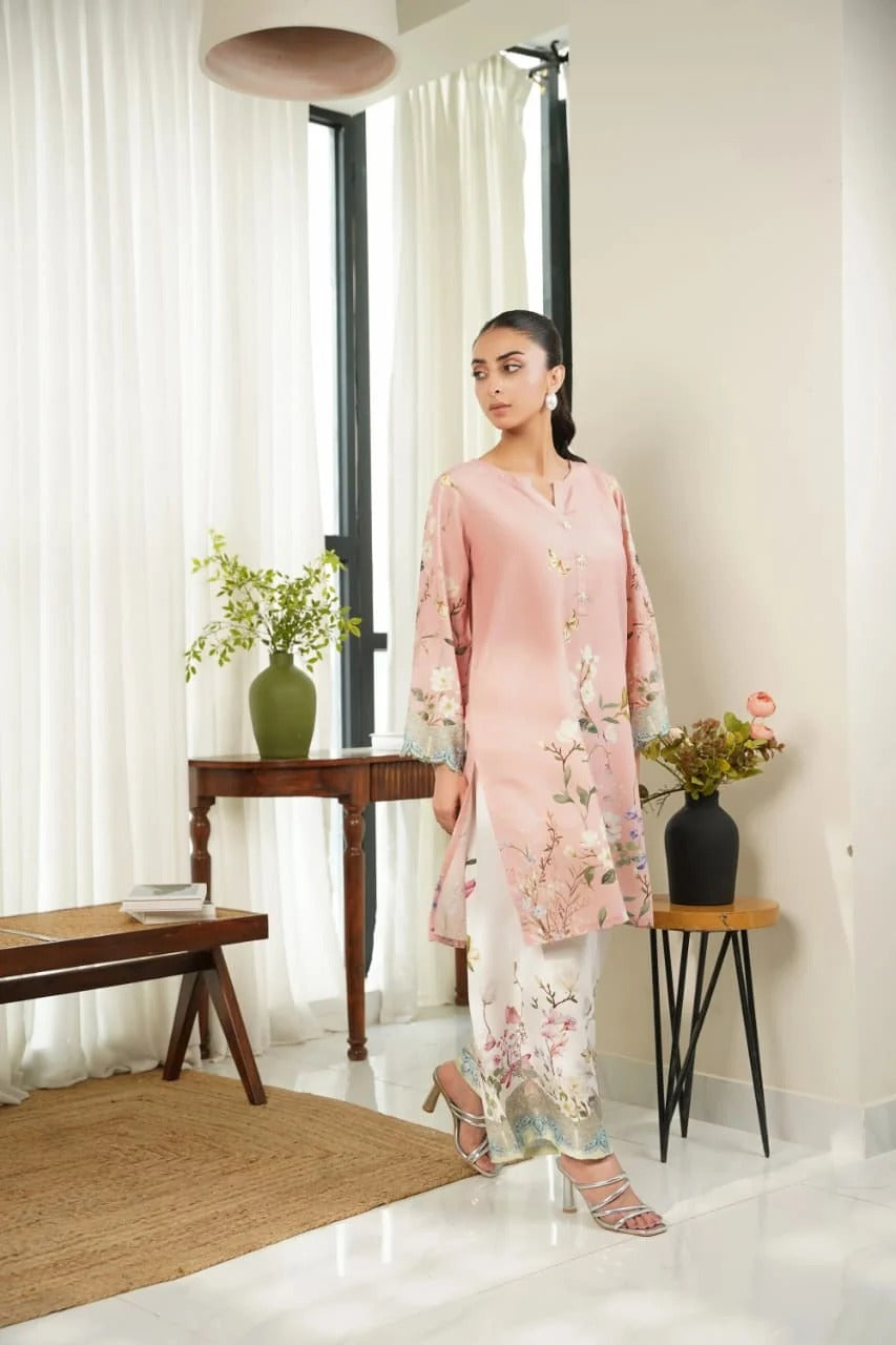 Pink Digital Printed Doria Lawn 2-Piece Co-Ord Set for Women | Ready-to-Wear Summer Outfit