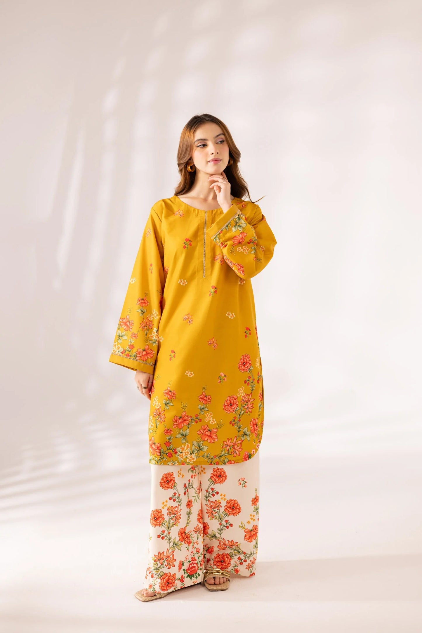 Yellow Digital Printed Doria Lawn 2-Piece Co-Ord Set for Women | Ready-to-Wear Summer Outfit
