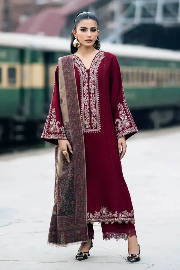 Maroon Embroidered 3-Piece Lawn Suit for Eid & Weddings