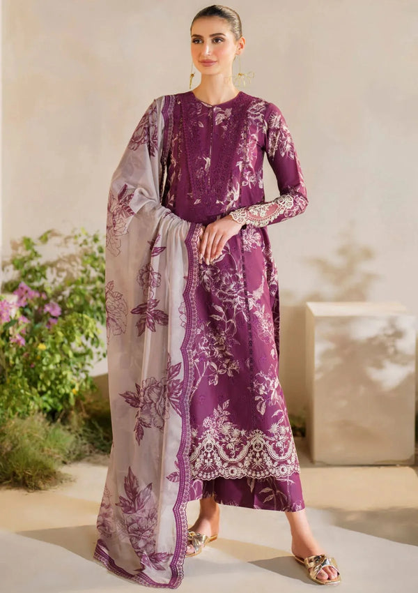 Purple Floral Printed Lawn 3 Piece Suit with Chiffon Dupatta for Women