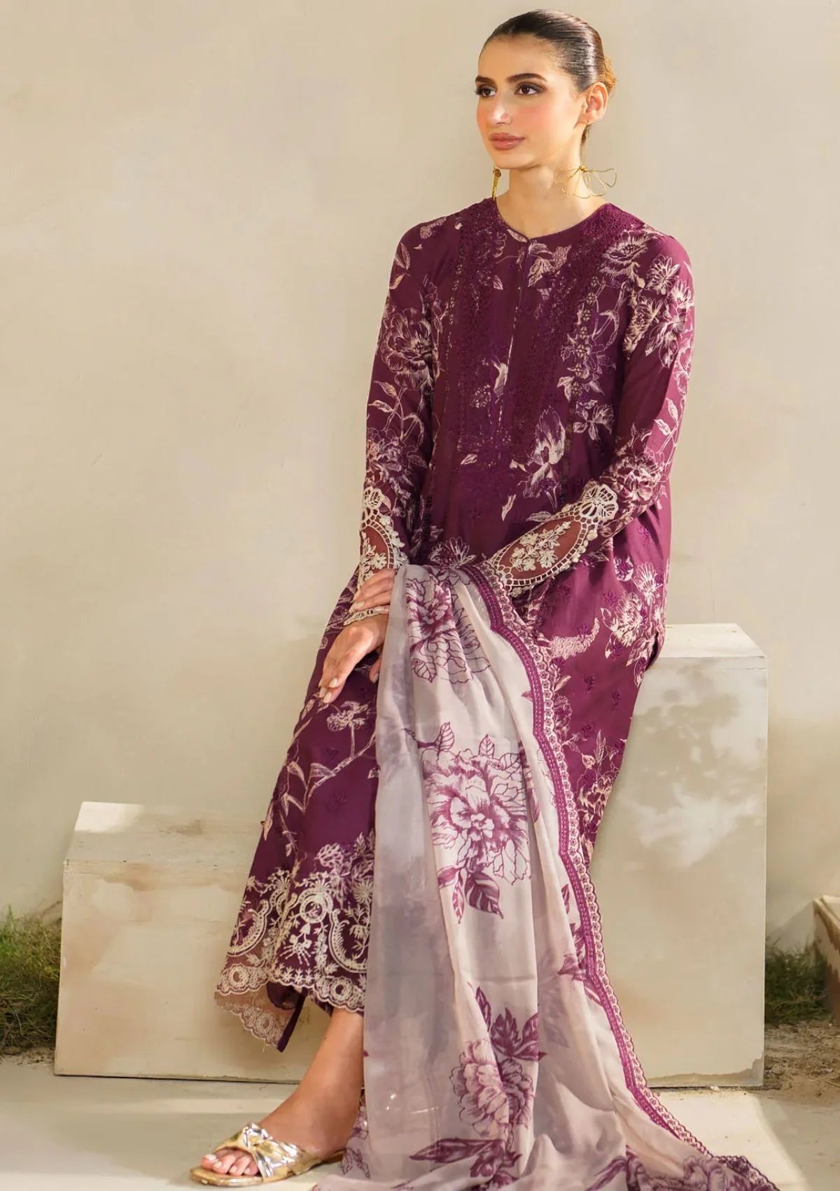 Purple Floral Printed Lawn 3 Piece Suit with Chiffon Dupatta for Women