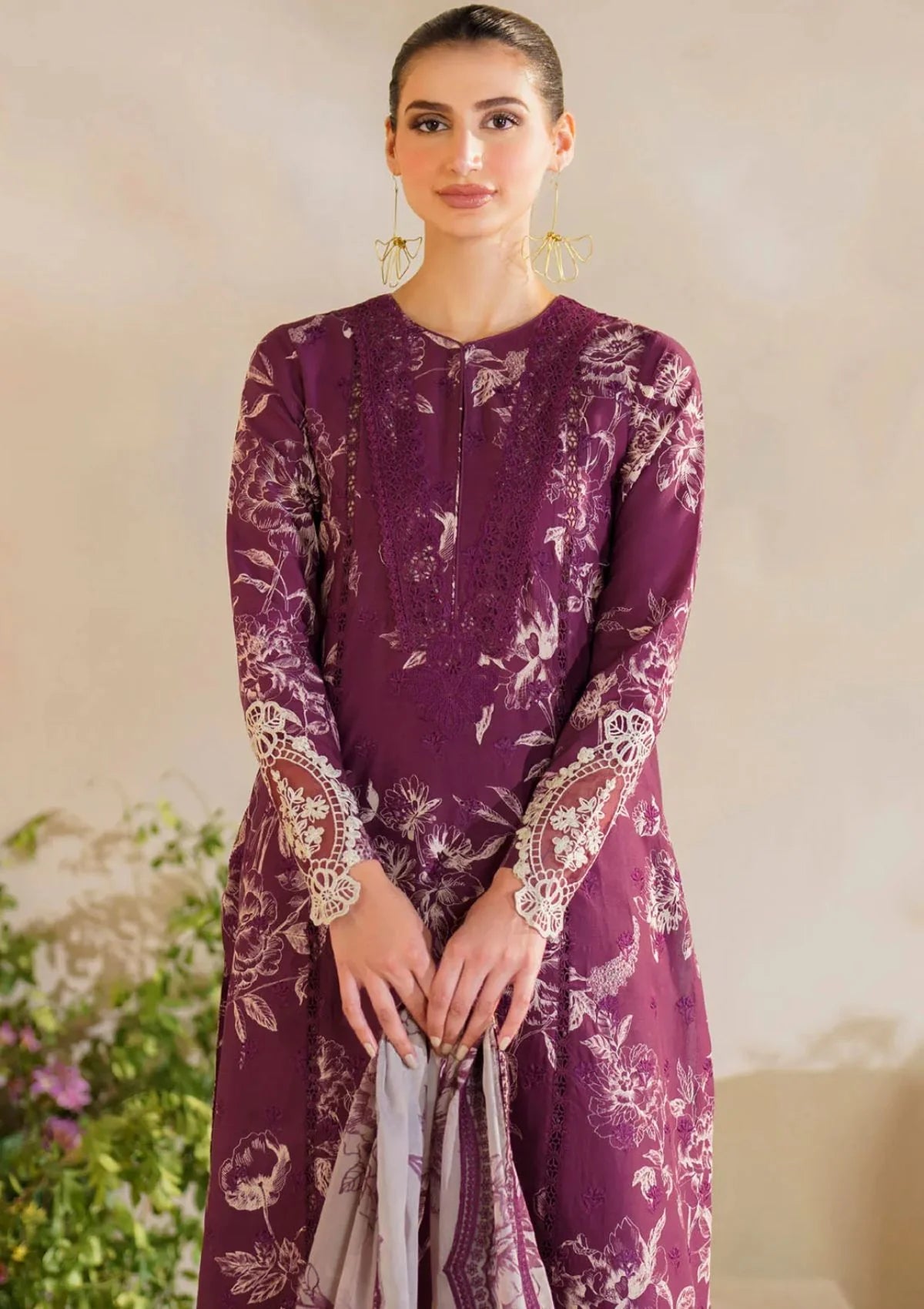Purple Floral Printed Lawn 3 Piece Suit with Chiffon Dupatta for Women