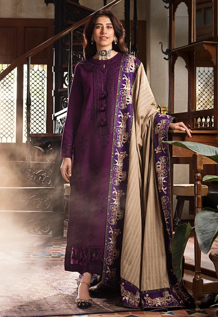 Premium Purple Embroidered Lawn 3 Piece Unstitched Suit with Digital Printed Diamond Dupatta for Women