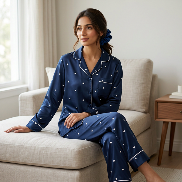 Premium Silk Heart Print Night Suit Set with Matching Hair Scrunch for Women