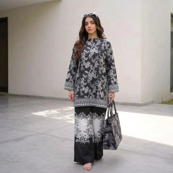 Black Digital Printed Raw Silk 2-Piece Cord Set for Women | Premium Stitched Shirt & Trouser